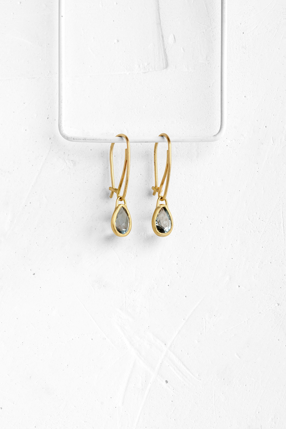 A pair of drop shaped Aqua Marine stones with a unik color, wrapped in gold hang from hand crafte... - View 2